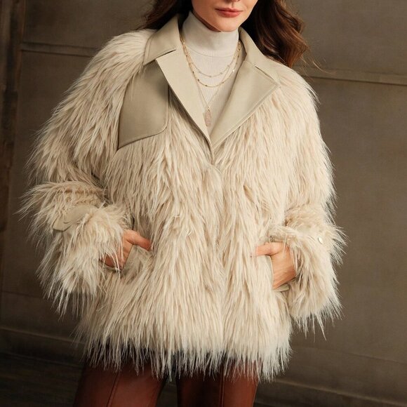 Beige Casual Women's Fluffy Short Fluffy Fuzzy Jacket - Picture 4 of 6